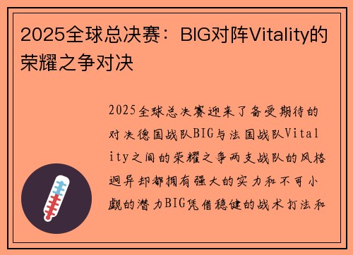 2025全球总决赛：BIG对阵Vitality的荣耀之争对决